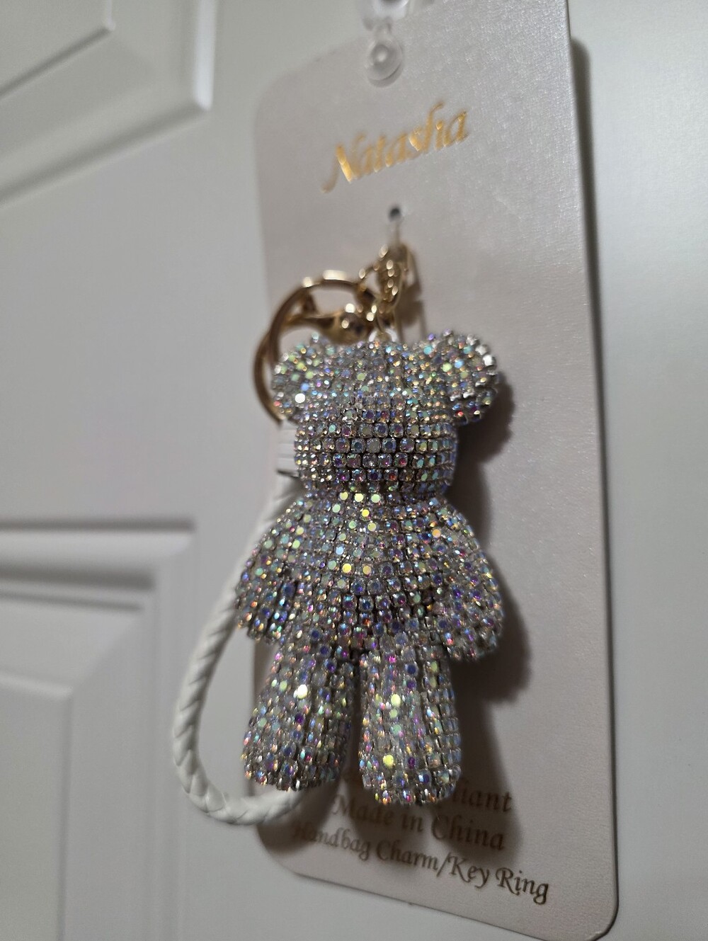Viral Natasha Sparkling Rhinestones Bear Bag Charm/Key Ring with White Strap - Picture 5 of 6